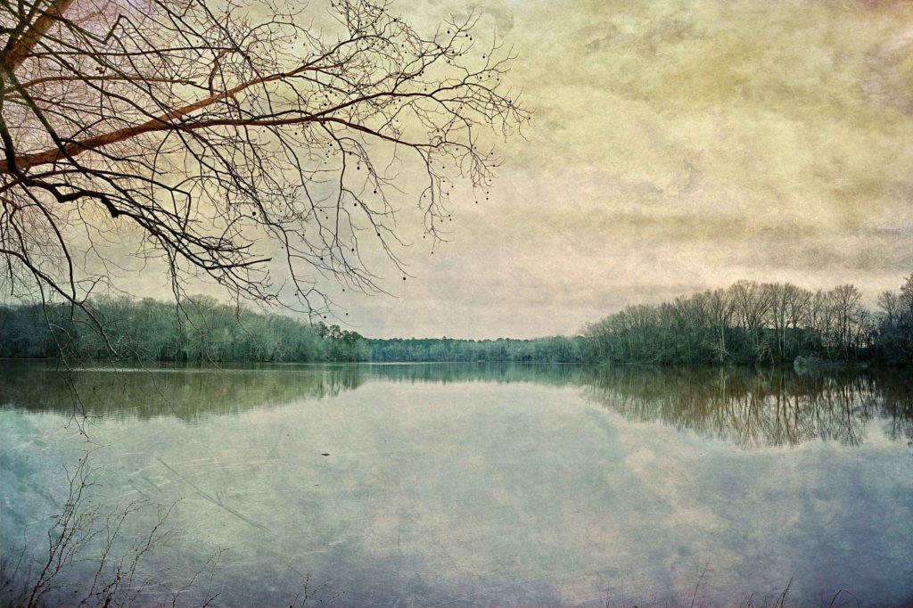 Photograph of Wheeler Lake, near Huntsville, Alabama, rendered in a watercolor style.