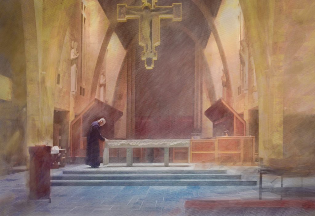 Photograph of a Sacristan preparing the Altar for Mass.