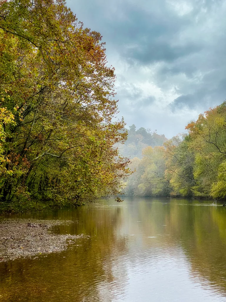 The Elk River in fog, near Winchester, Tennessee.