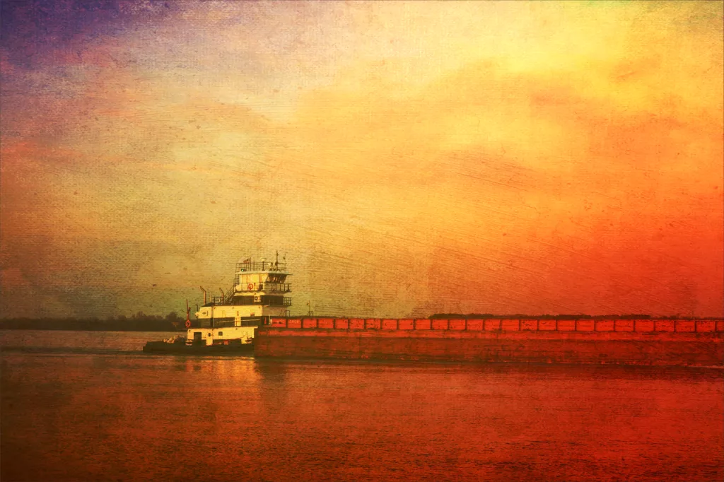 A Turneresque rendering of an image of a tow boat and barge