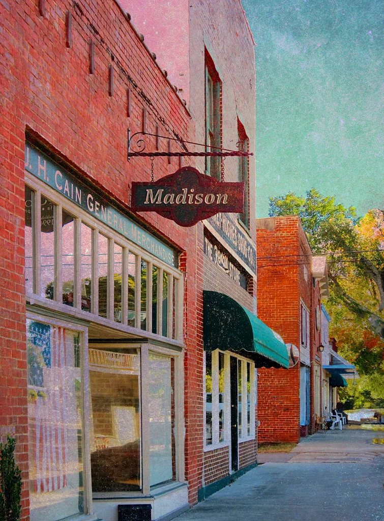 Downtown Madison, Alabama rendered as a watercolor painting.