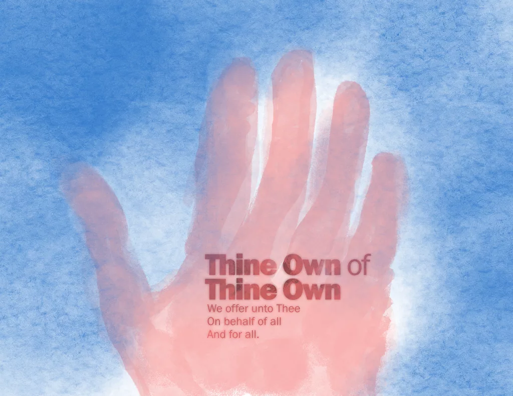 Digital painting of a hand with the words Thine Own of Thine Own