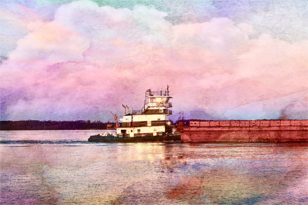 Watercolor photo art of a tow boat