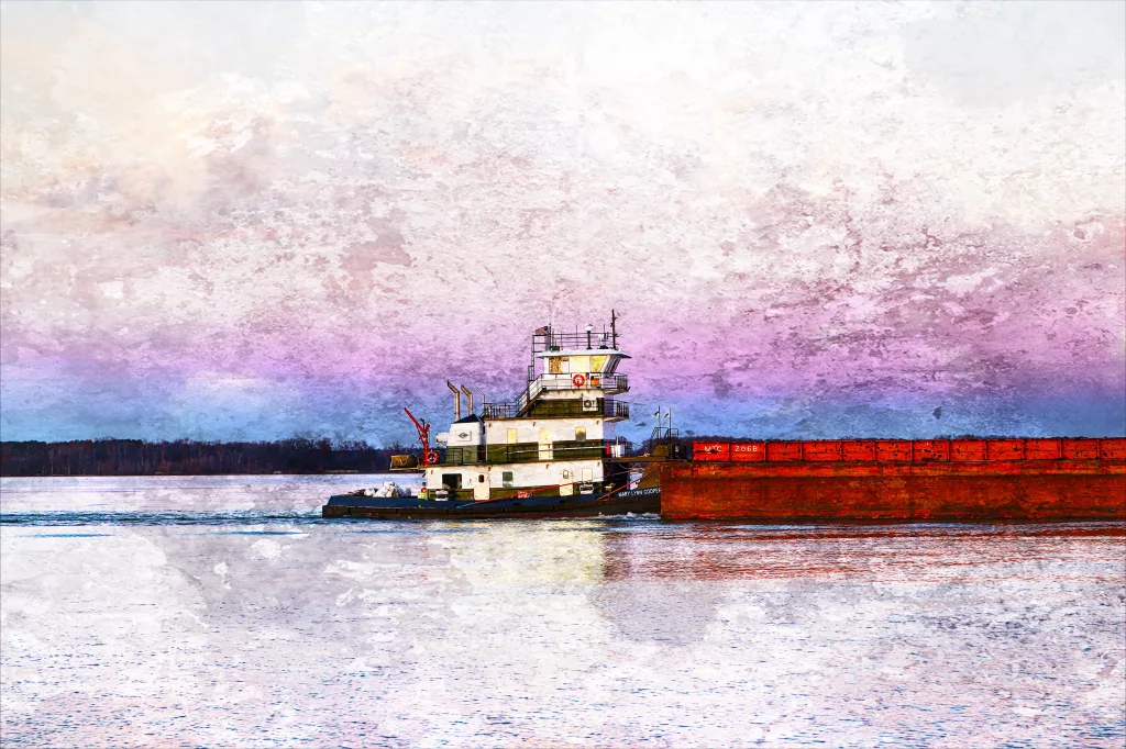 A tow boat pushes up-river in December, near Decatur, Alabama.