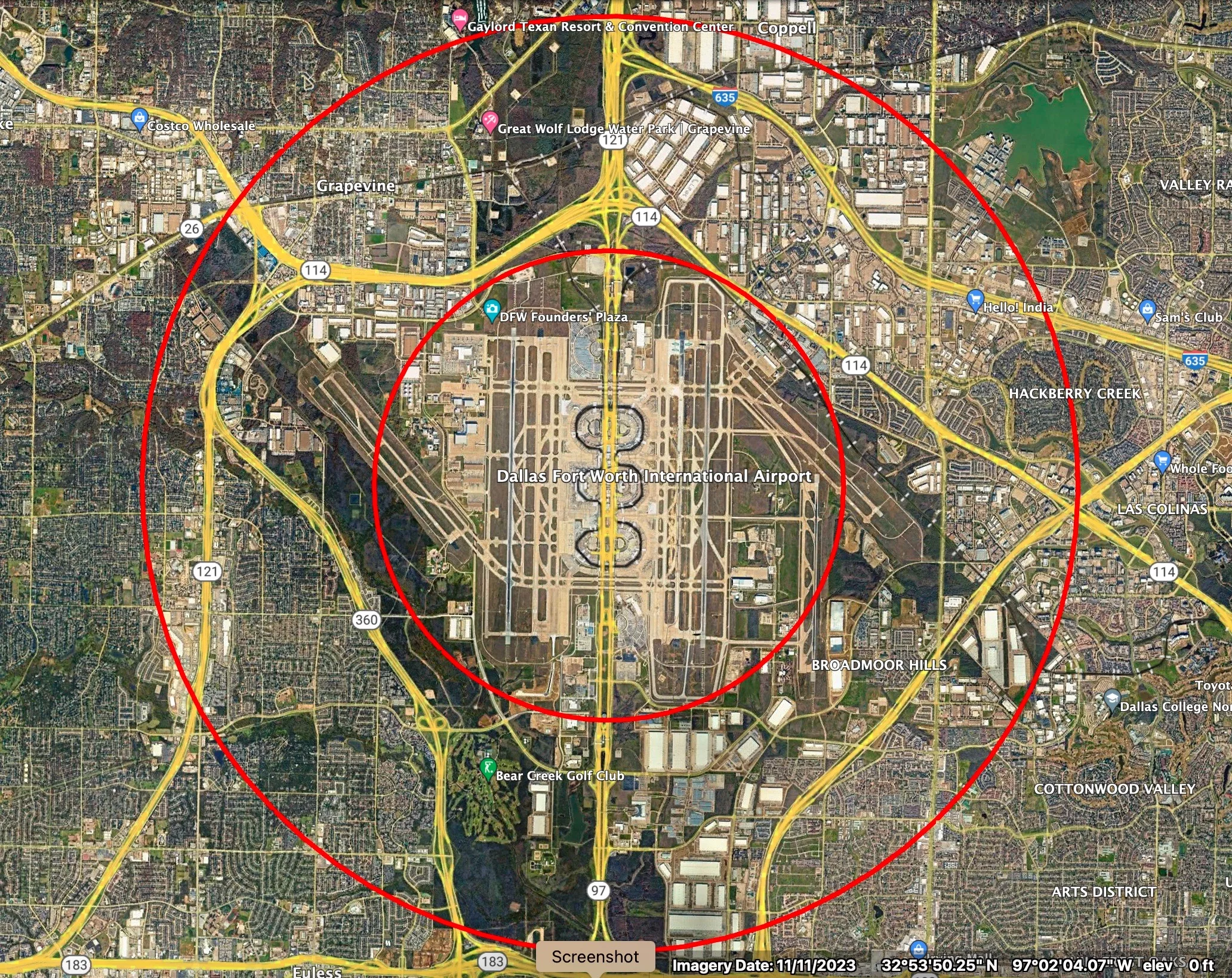 Completed radius rings in Google Earth Pro.