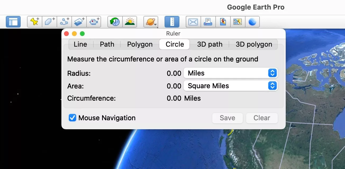 Google Earth Pro displaying the Ruler and Circle dialog box.