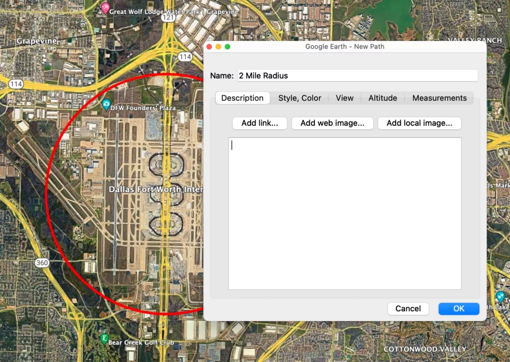 Saving a drawn Radius Ring in Google Earth Pro.