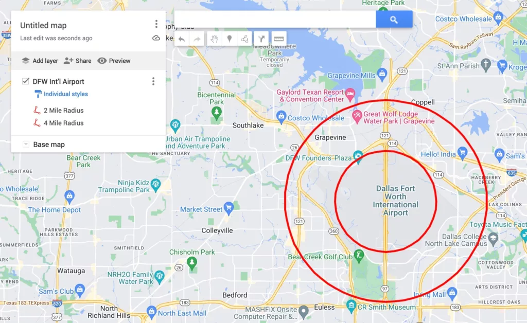 Google Maps import of radius rings .kmz file exported from Google Earth Pro.