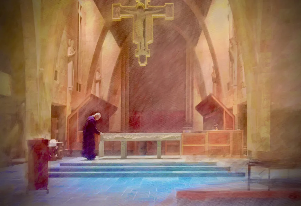 A Sacristan prepares the altar for the Easter Vigil service.