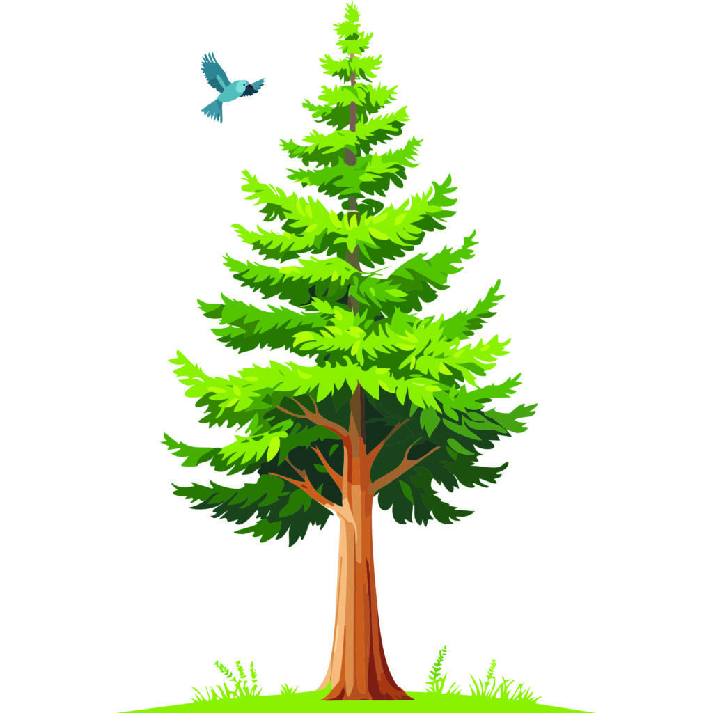 An AI-generated image of a red cedar tree and a blue bird approaching it to land.